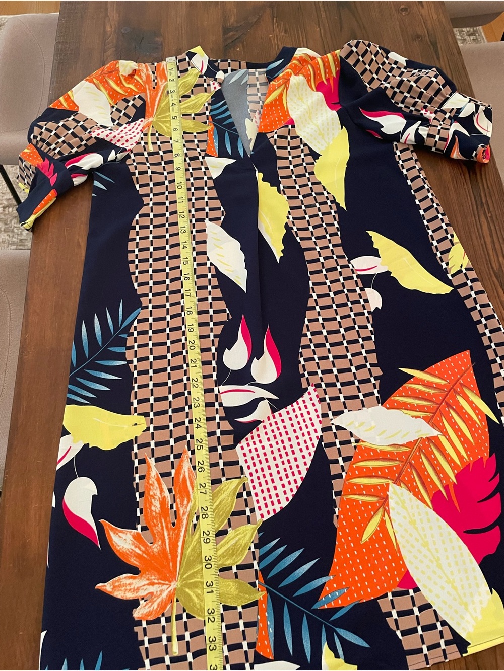 Navy Tropical Print Midi Dress with Yellow & Coral Accents